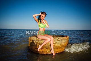 Brunette poses on rock at the beach in bikini